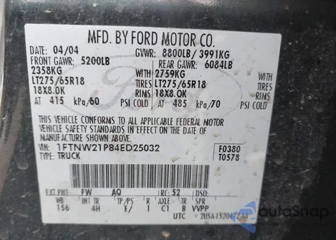 2004 Ford F-250 Lariat/Xl/Xlt из США, поврежденный, VIN 1FTNW21P84ED25032